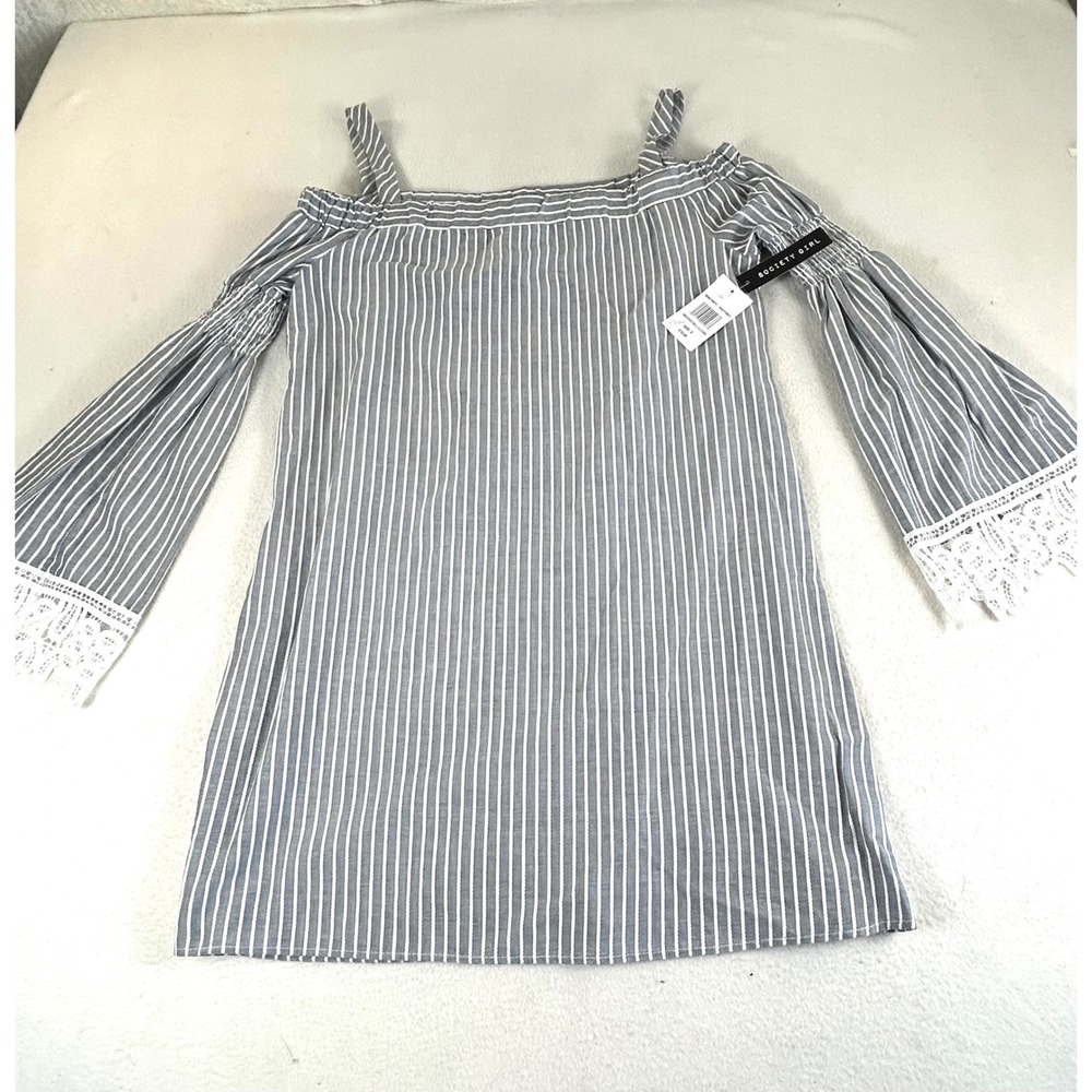 Society Girl Cold Shoulder Dress Women Small Blue Striped Coastal Boho
